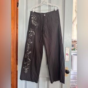 Da nang wide leg silk blend embroidered pants black, small